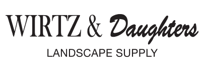 Navy blue logo, "Wirtz &” is in a serifed font, “daughters” is in script and below it reads “landscape supply” in sans serif
