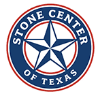 Circular logo in navy blue that reads "stone center of texas” with a 5-point star in the center