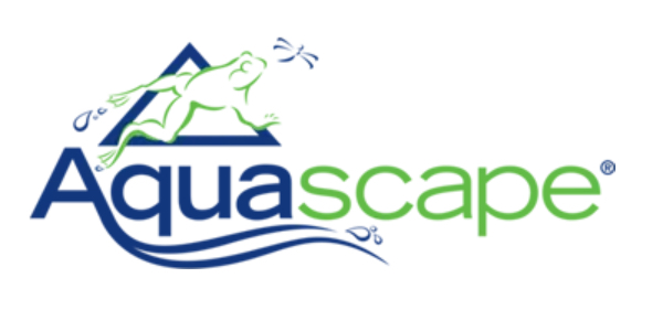 Blue triangle with a green frog leaping over it above the word “Aquascape"