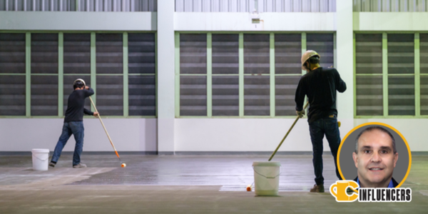 Image of two people applying a coating to a warehouse, John Kenney’s headshot in the bottom right